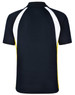 A black and white polo shirt with yellow detailing, featuring a logo on the back.