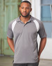A men's polo shirt in grey with white and black accents, featuring a logo on the chest.