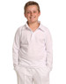 A child is wearing a long-sleeved white cricket polo shirt. The shirt features a collar and a playful fit.
