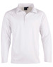 A long-sleeve white cricket polo shirt with a collar and a branding logo.