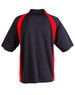 A men's polo shirt featuring a black body with red sleeves and a collar, complete with a logo.