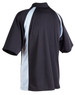 A black and light blue men's polo shirt with a standard collar and short sleeves, featuring a branded logo.