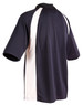 A navy blue polo shirt with white panels on the sides, featuring a collar and short sleeves. It has a logo.