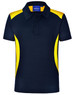 A navy polo shirt with yellow side panels and a collar, featuring a logo on the upper part.