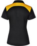A black polo shirt featuring a yellow back design and a logo on the chest.