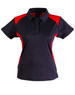A ladies' polo shirt in navy with red accents, featuring a classic collar and a logo on the chest.