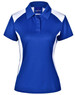 A blue and white women's polo shirt with a collar and short sleeves, featuring a logo on the front.