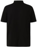 A black men's polo shirt displaying a classic design with short sleeves and a collared neckline. It features a logo.