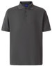 A grey men's polo shirt with short sleeves, featuring a three-button placket and a subtle logo.
