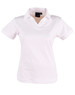 A white ladies' polo shirt with a collar and short sleeves, featuring a logo on the label.