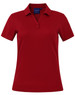 A red women's short sleeve polo shirt with a collar, featuring buttons and a logo.