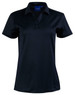 A black short sleeve polo shirt with a collar and three buttons, featuring a logo on the chest.