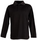A black long sleeve polo shirt with a collar and three buttons, featuring a logo on the chest.