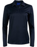 A dark navy long sleeve polo shirt with a collar and three buttons, featuring a logo on the front.