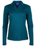 A long sleeve polo shirt in teal, featuring a collar and a buttoned placket. It has a logo on the chest.