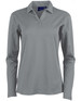 A long sleeve polo shirt in grey, featuring a collar and three buttons, with branding on the neckline.