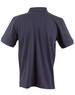 A navy blue men's polo shirt with a classic collar and short sleeves, featuring a logo on the back.