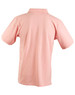 A pink men's polo shirt featuring short sleeves and a classic collar, with a branding logo on the back.