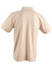 A beige men's polo shirt with a collar and short sleeves, featuring a logo on the back.
