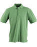 A green men's polo shirt featuring a classic collar and short sleeves, with a logo on the chest.