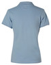A light blue polo shirt with a classic collar and short sleeves, featuring branding on the back.