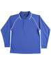 A blue long-sleeve polo shirt with a white collar and piping, featuring a logo on the chest.