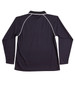 A navy long-sleeved polo shirt featuring contrasting white piping and a collar, with a logo on the back.