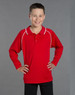 A red long-sleeve polo shirt with white detailing, featuring a collar and a logo. Suitable for kids.