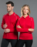 A red ladies' long-sleeve polo shirt with white accents, displayed on a model alongside a male model in a matching style.
