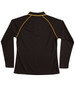 A black long-sleeve polo shirt with contrasting yellow stitching and a collar, featuring a logo on the front.