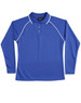 A long-sleeved ladies' polo shirt in vibrant blue with white piping and a collar, featuring a logo.