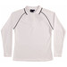A long-sleeve white polo shirt featuring black piping and a logo on the collar.