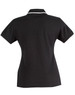 A black polo shirt with a contrasting white collar and detailing, featuring a fitted design and short sleeves.
