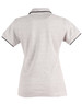 A light grey polo shirt with a black collar and cuff trim, featuring a logo on the chest.