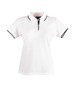 A white polo shirt featuring a collar with navy detailing and a logo.