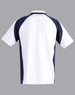 Men's polo shirt featuring a white body with navy blue sleeves and a logo. Back view shown.