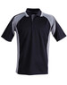 A black and grey kids' polo shirt with a collar and short sleeves, featuring a logo on one side.