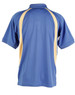 A blue polo shirt with yellow side panels and a collar, featuring branding on the back.