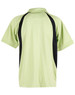 A light green men's polo shirt featuring black side panels and a collar, with a branding logo.