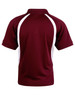 A maroon polo shirt with white side panels and a collar. It features a logo.