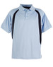 A light blue polo shirt featuring black side panels and a collar, with a logo on the chest.