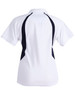 A white polo shirt with black side panels and a collar, featuring a logo on the back.