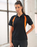 A black polo shirt with orange accents, featuring a collar and short sleeves. It has a logo on the chest.