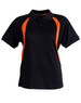 A black polo shirt with orange accents and a collar, featuring a logo on the chest.