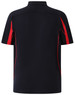 A navy blue polo shirt with red accents and a logo on the back. Short sleeves and a sporty design.