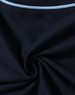 A close-up of a navy polo shirt fabric with a light blue trim, featuring a logo.