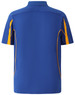 A blue polo shirt with yellow accents and a logo on the back, featuring a classic collar and short sleeves.