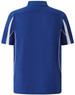 A blue polo shirt featuring white accents and a logo on the back. Short sleeves complete the sporty look.