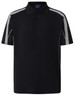 A black short sleeve polo shirt featuring contrasting grey detailing and a logo on the collar.