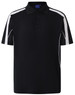 A black polo shirt featuring white side stripes and a collar, with a logo on the chest.